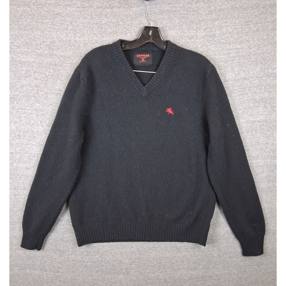 Express Mens Sweater XL Black 100% Lambswool Pullover Classic Preppy‎ Academia